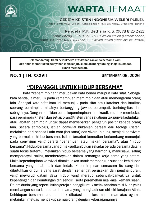 Halaman depan Warta Jemaat 6 September 2026